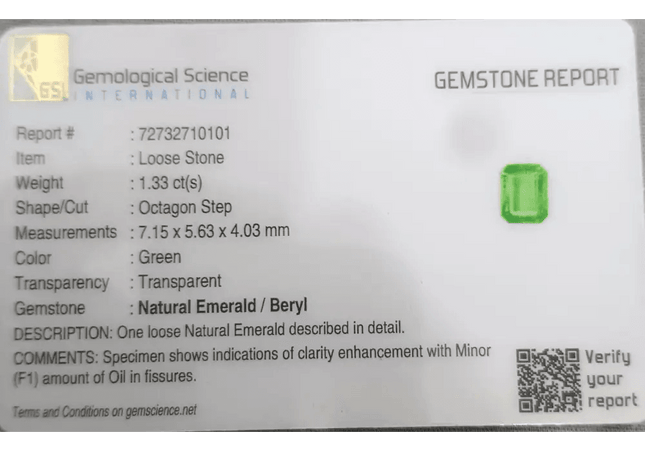 1.33ct Pastel Green Emerald Certified By GSI, Natural Gemstone - SMSGEMS 