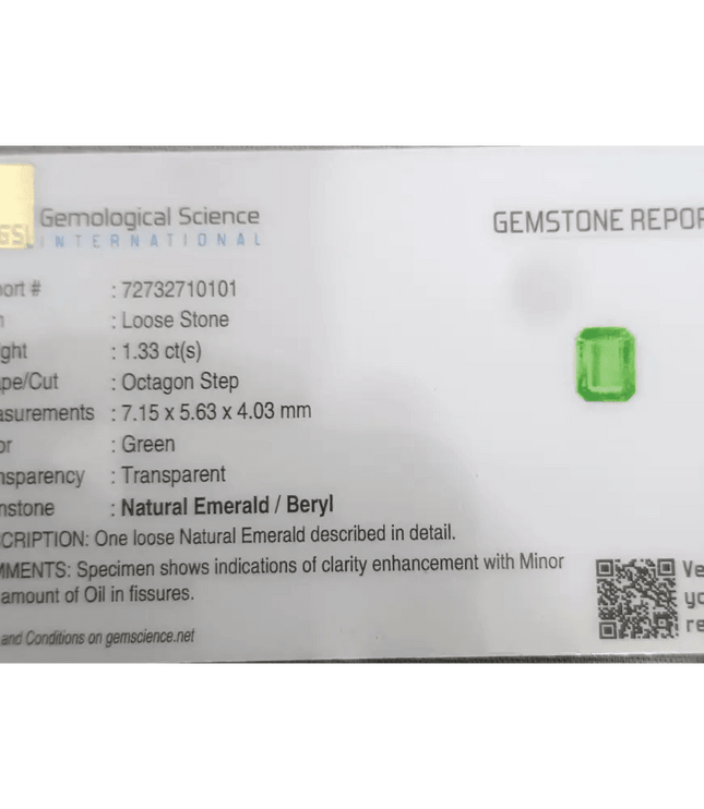 1.33ct Pastel Green Emerald Certified By GSI, Natural Gemstone - SMSGEMS 