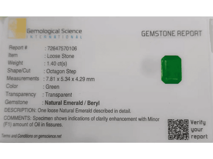 1.40ct AAA Colombian Emerald certified By GSI, Natural Gemstone - SMSGEMS 