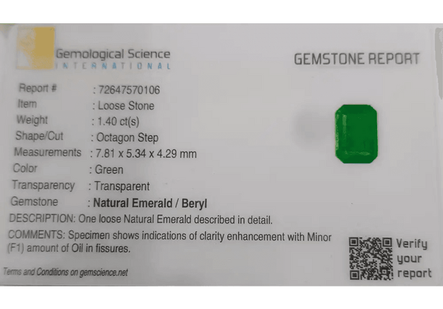 1.40ct AAA Colombian Emerald certified By GSI, Natural Gemstone - SMSGEMS 