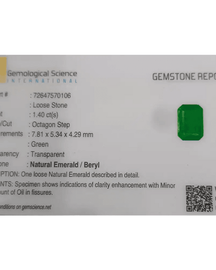 1.40ct AAA Colombian Emerald certified By GSI, Natural Gemstone - SMSGEMS 
