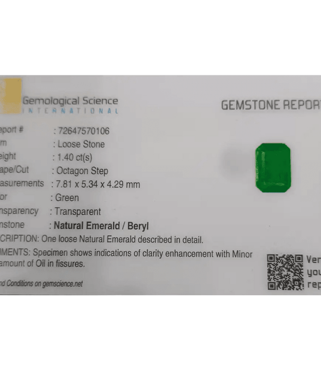 1.40ct AAA Colombian Emerald certified By GSI, Natural Gemstone - SMSGEMS 