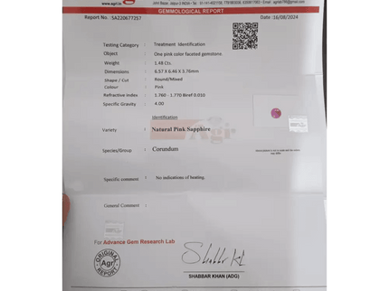 1.48ct Certified Pink Ceylon Sapphire, Natural untreated Gemstone - SMSGEMS 