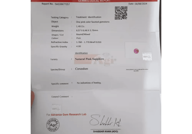 1.48ct Certified Pink Ceylon Sapphire, Natural untreated Gemstone - SMSGEMS 