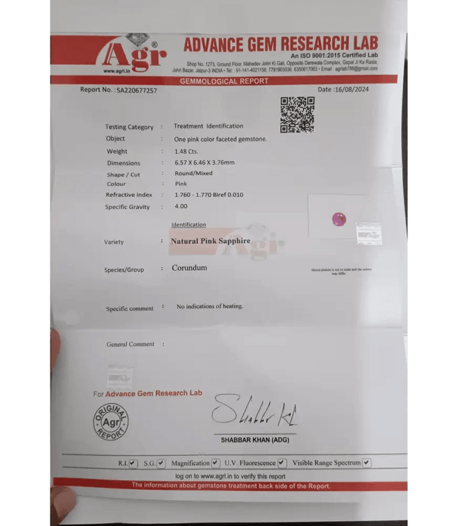 1.48ct Certified Pink Ceylon Sapphire, Natural untreated Gemstone - SMSGEMS 