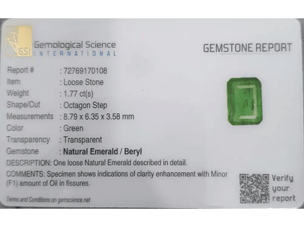 1.77ct Intense Golden Green Panjshir Emerald Certified By GSI - SMSGEMS 