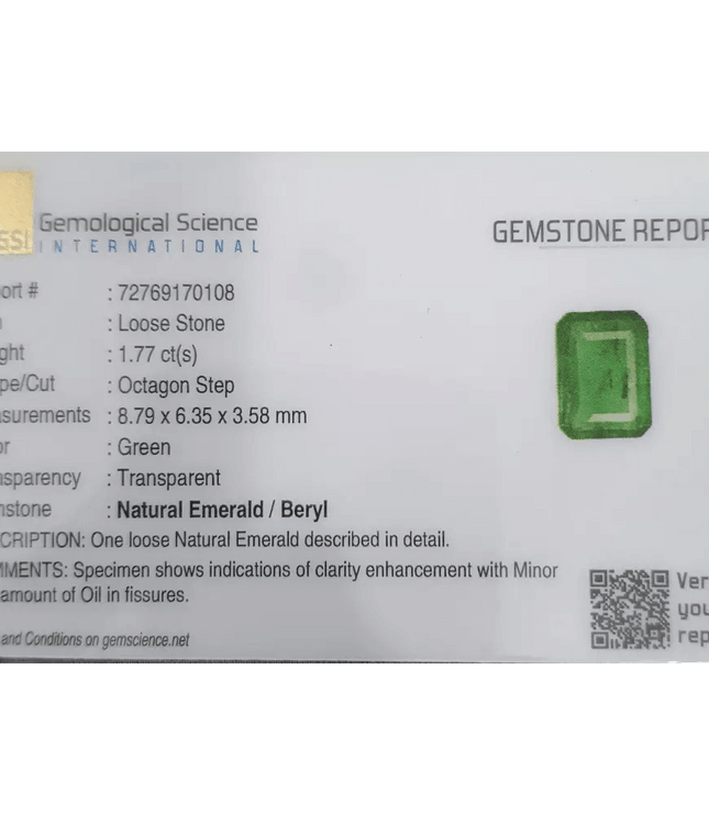 1.77ct Intense Golden Green Panjshir Emerald Certified By GSI - SMSGEMS 