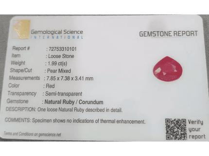 1.99ct African Ruby Certified By GSI, Natural Untreated Gemstone - SMSGEMS 