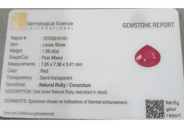 1.99ct African Ruby Certified By GSI, Natural Untreated Gemstone - SMSGEMS 