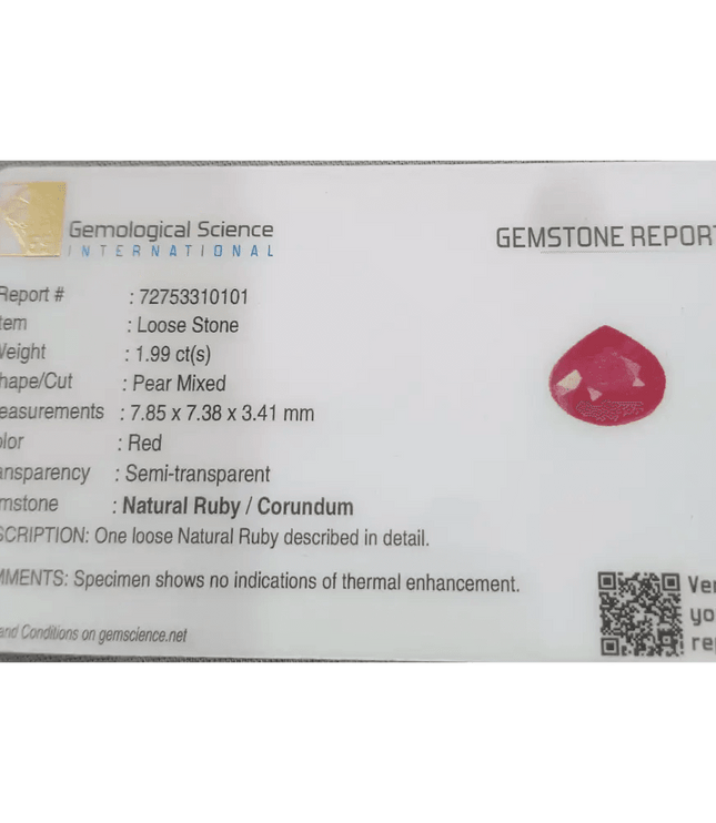 1.99ct African Ruby Certified By GSI, Natural Untreated Gemstone - SMSGEMS 