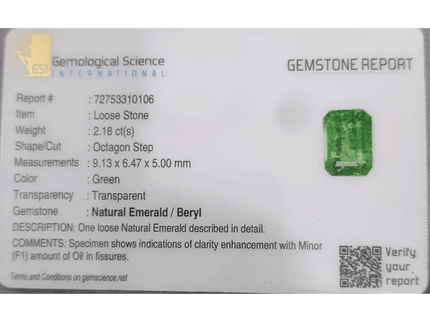 2.18ct Zambian Emerald Certified By GSI, Natural Gemstone - SMSGEMS 
