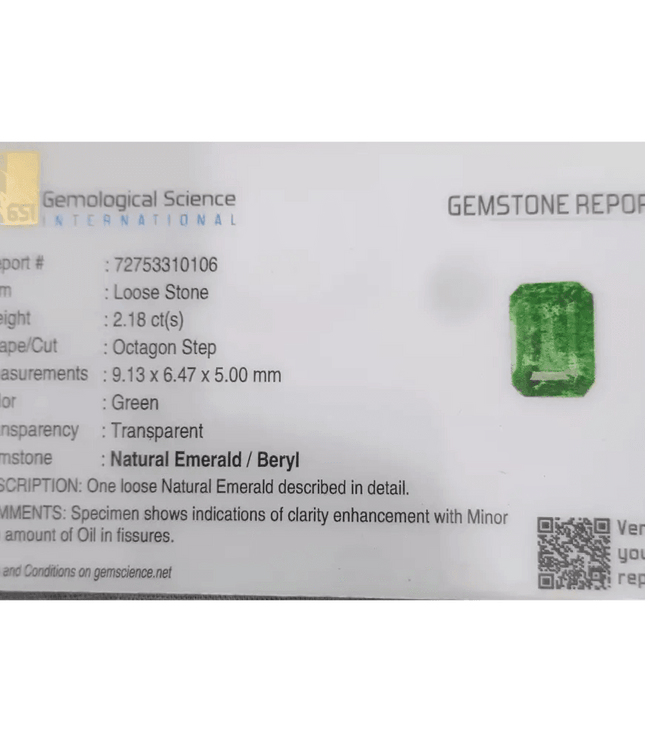 2.18ct Zambian Emerald Certified By GSI, Natural Gemstone - SMSGEMS 