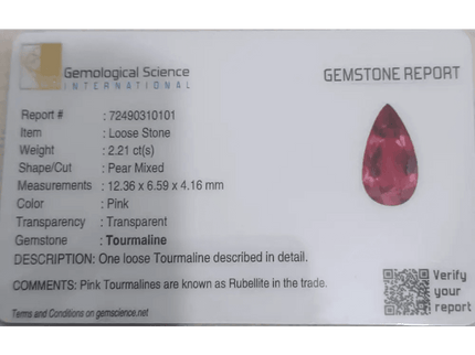 2.21ct Rubellite Tourmaline Pear Cut Pakistan certified by GSI - SMSGEMS 