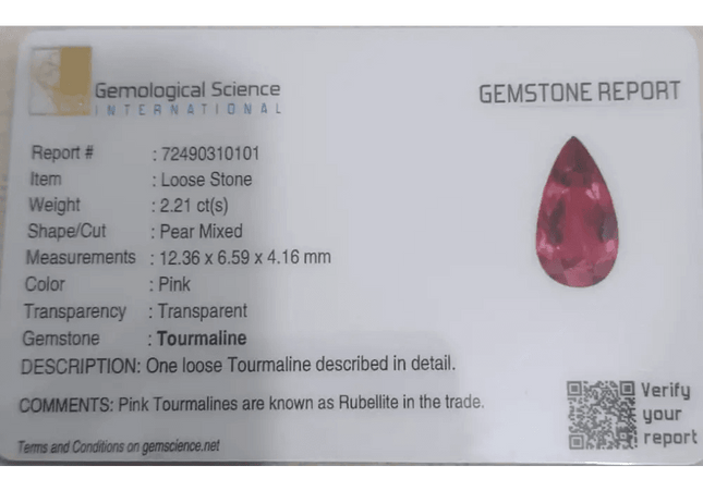 2.21ct Rubellite Tourmaline Pear Cut Pakistan certified by GSI - SMSGEMS 