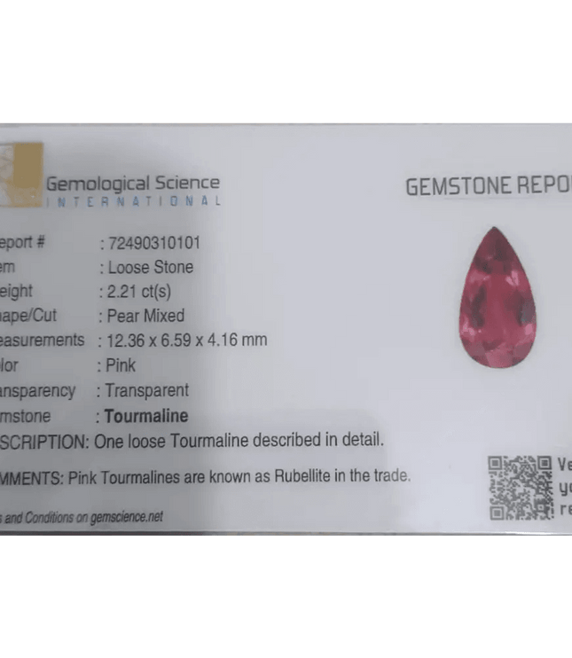 2.21ct Rubellite Tourmaline Pear Cut Pakistan certified by GSI - SMSGEMS 