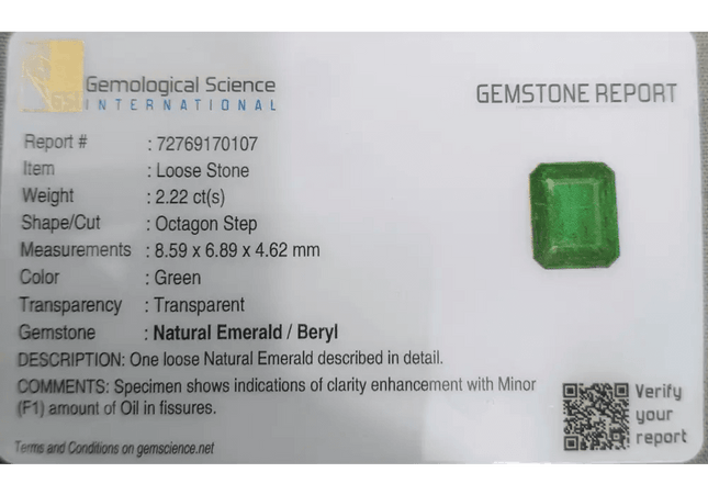 GSI Certified 2.22ct Deep Vivid Green Emerald - SMSGEMS 