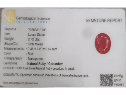 2.72ct African Ruby Certified By GSI, Natural Untreated Gemstone - SMSGEMS 