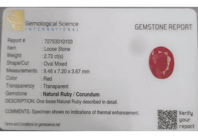 2.72ct African Ruby Certified By GSI, Natural Untreated Gemstone - SMSGEMS 