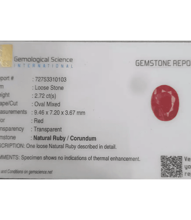 2.72ct African Ruby Certified By GSI, Natural Untreated Gemstone - SMSGEMS 