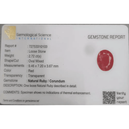 2.72ct African Ruby Certified By GSI, Natural Untreated Gemstone - SMSGEMS 