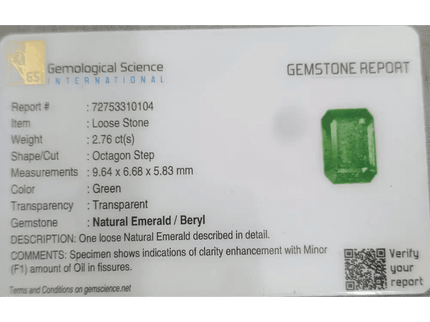 2.76ct Zambian Emerald Certified By GSI, Natural Gemstonr - SMSGEMS 