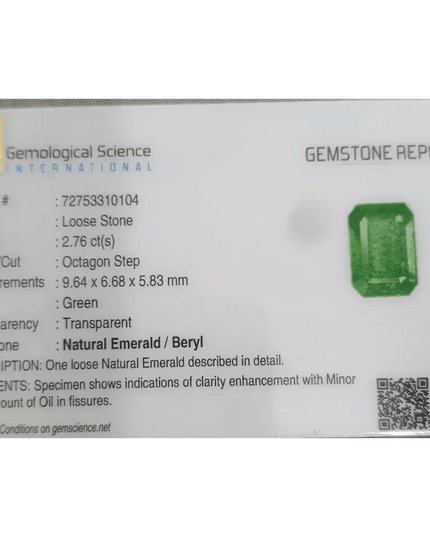 2.76ct Zambian Emerald Certified By GSI, Natural Gemstonr - SMSGEMS 