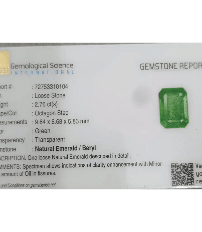 2.76ct Zambian Emerald Certified By GSI, Natural Gemstonr - SMSGEMS 