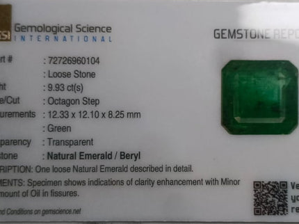Emerald Natural 9.93 ct Certified Deep Vivid Green Octagon Cut Loose Gemstone