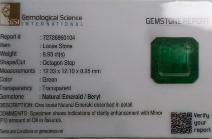 9.93ct Zambian Emerald Vivid Deep Green  Certified by GSI