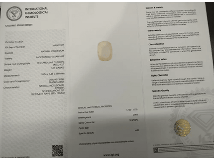 3.05ct IGI Certified Padparadscha Sapphire, Natural Untreated Gemstone - SMSGEMS 