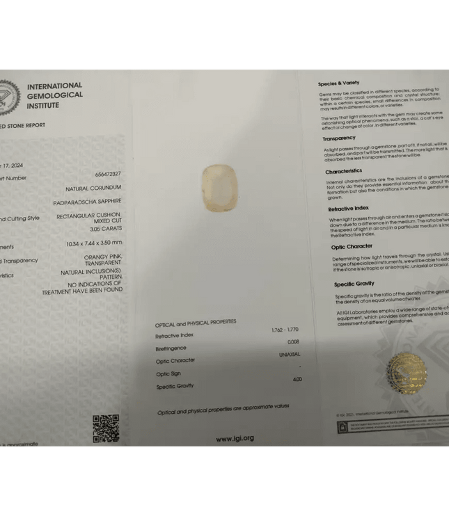 3.05ct IGI Certified Padparadscha Sapphire, Natural Untreated Gemstone - SMSGEMS 