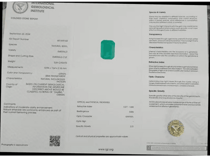 3.34ct IGI Certified Velvet Green Emerald , 100% Natural Earth Mined Gemstone - SMSGEMS 