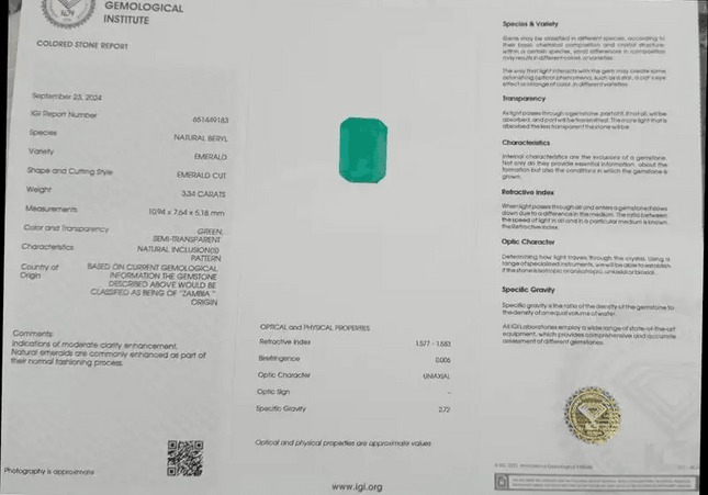 3.34ct IGI Certified Velvet Green Emerald , 100% Natural Earth Mined Gemstone - SMSGEMS 