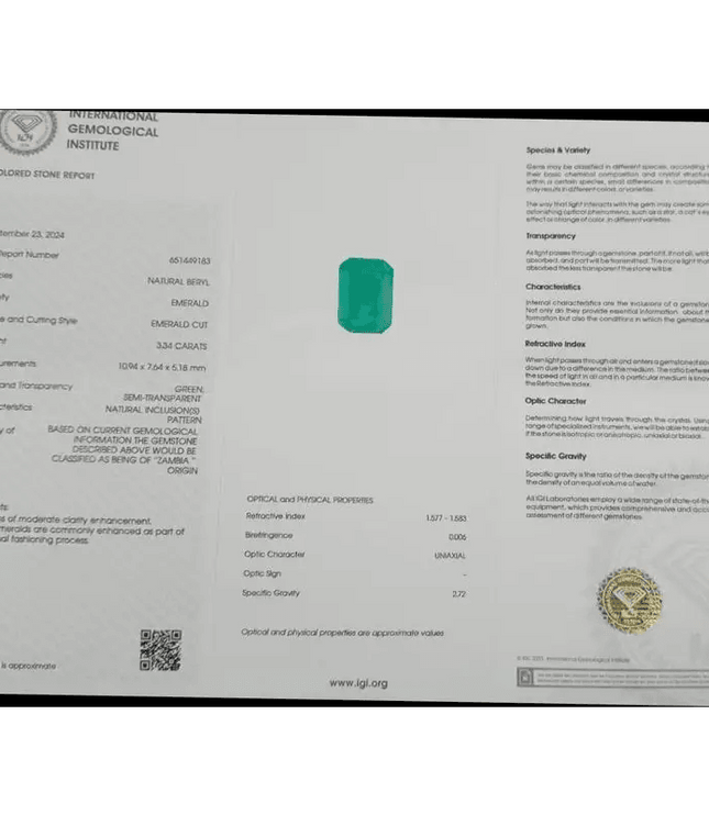 3.34ct IGI Certified Velvet Green Emerald , 100% Natural Earth Mined Gemstone - SMSGEMS 