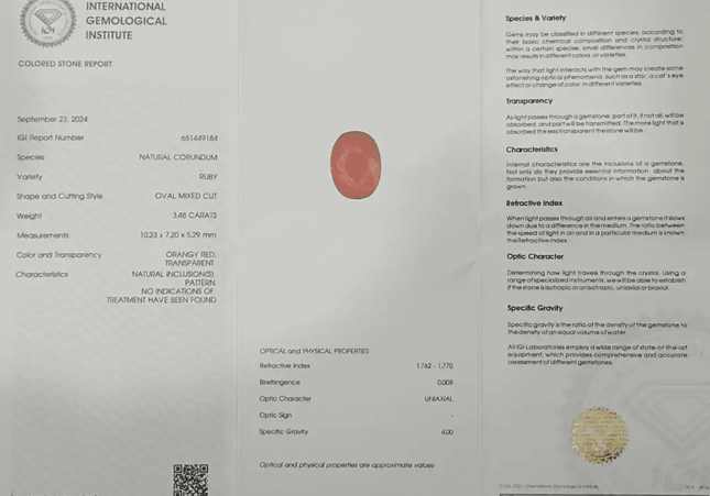 3.48ct IGI Certified Blood Red Burmese Ruby, Natural Untreated Gemstone - SMSGEMS 
