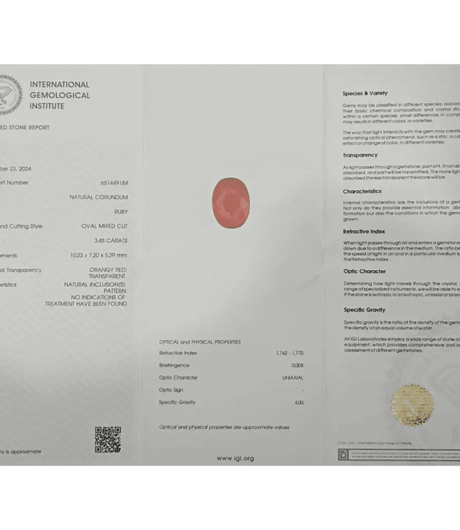 3.48ct IGI Certified Blood Red Burmese Ruby, Natural Untreated Gemstone - SMSGEMS 