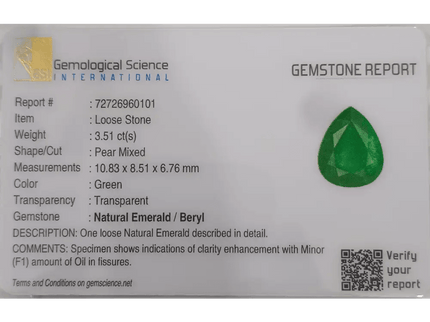 3.51 Deep Pure Green Emerald Certified By GSI - SMSGEMS 