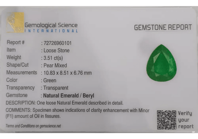 3.51 Deep Pure Green Emerald Certified By GSI - SMSGEMS 