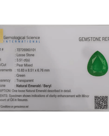 3.51 Deep Pure Green Emerald Certified By GSI - SMSGEMS 