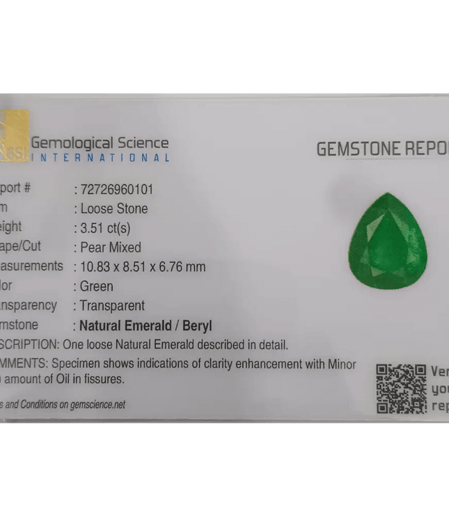 3.51 Deep Pure Green Emerald Certified By GSI - SMSGEMS 