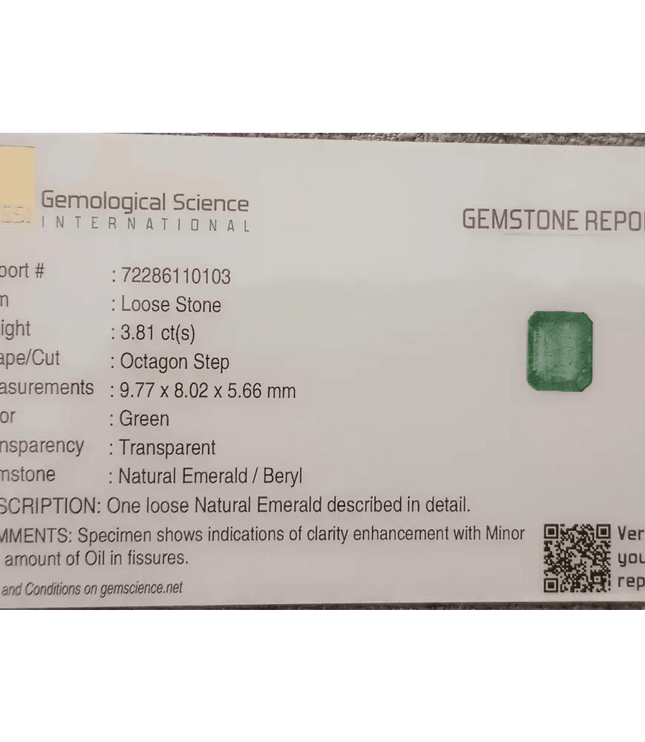 3.81ct Zambian Emerald , 100% Natural Gem - SMSGEMS 