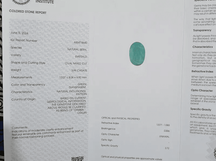 3.99ct IGI Certified Top Deep Vivid Green Emerald, Natural Gem - SMSGEMS 