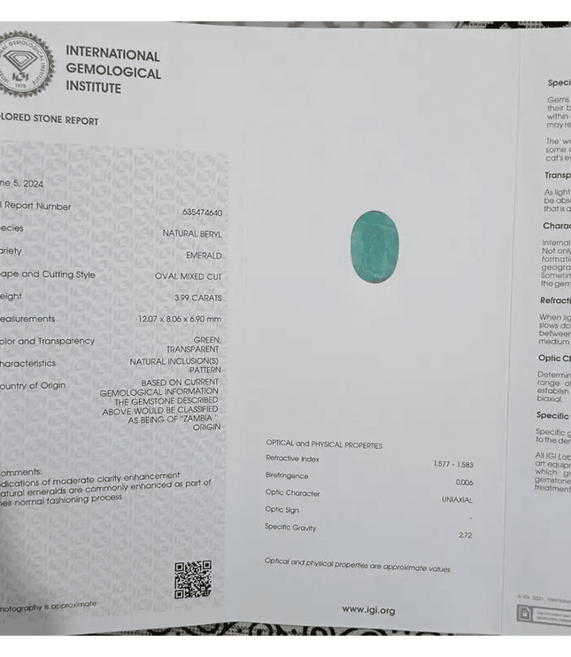 3.99ct IGI Certified Top Deep Vivid Green Emerald, Natural Gem - SMSGEMS 