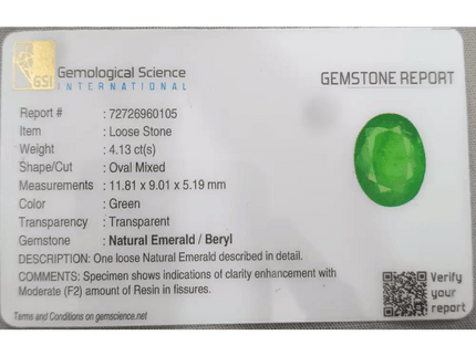 4.13ct Vivid Green Emerald Certified by GSI - SMSGEMS 