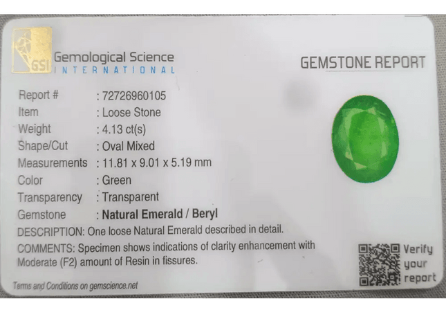 4.13ct Vivid Green Emerald Certified by GSI - SMSGEMS 
