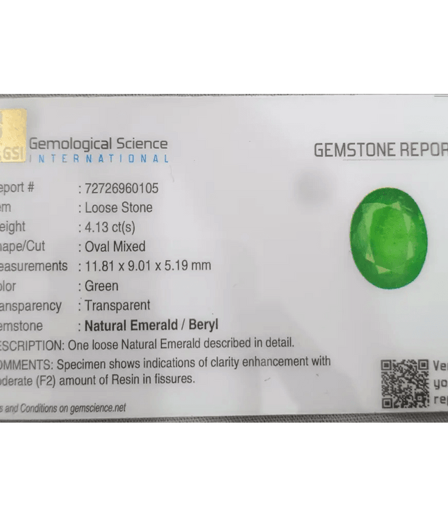 4.13ct Vivid Green Emerald Certified by GSI - SMSGEMS 