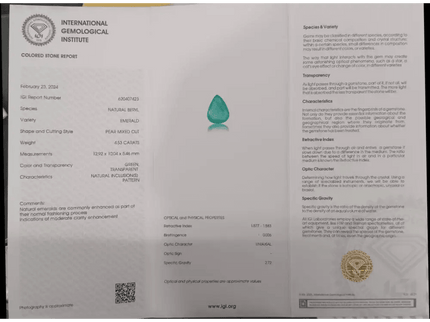 4.53ct Colombian IGI Certified Beautiful Pear Cut Emerald, 100% Natural Earth mined Gemstone. - SMSGEMS 