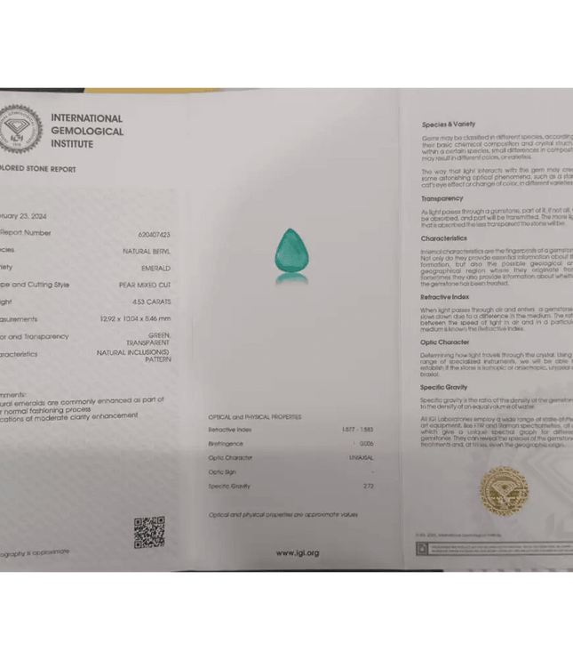 4.53ct Colombian IGI Certified Beautiful Pear Cut Emerald, 100% Natural Earth mined Gemstone. - SMSGEMS 