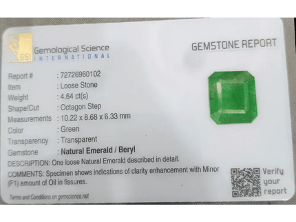 4.64ct Velvet Green Emerald Certified by GSI - SMSGEMS 