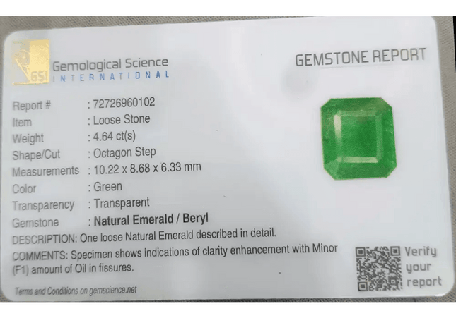 4.64ct Velvet Green Emerald Certified by GSI - SMSGEMS 